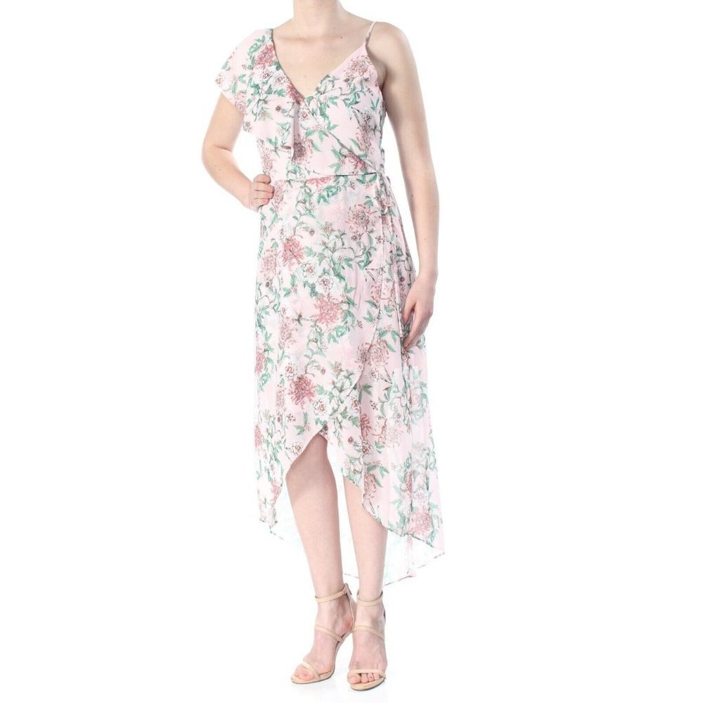 Adelyn Rae Womens Pink Ruffled‎ Hi Lo Tulip Wrap Floral Dress Size Small